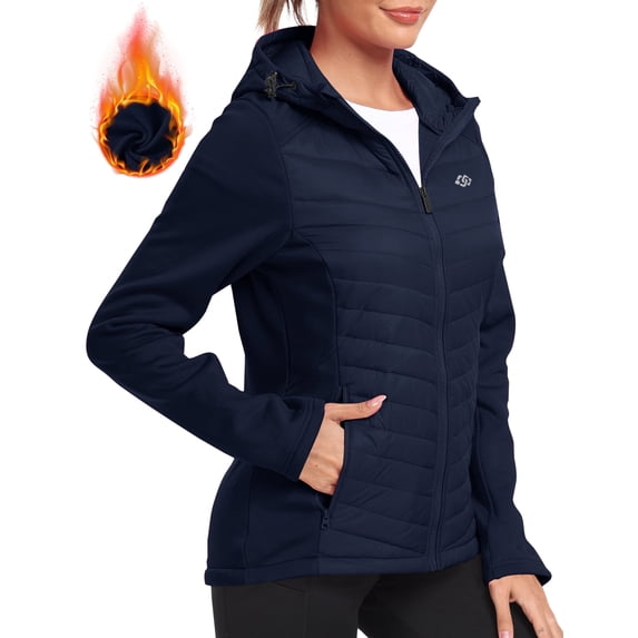 YIRUIYA Women's Fleece-Lined Thermal Hooded Puffer Jacket, Full Zip Lightweight Hybrid Softshell Winter Coat