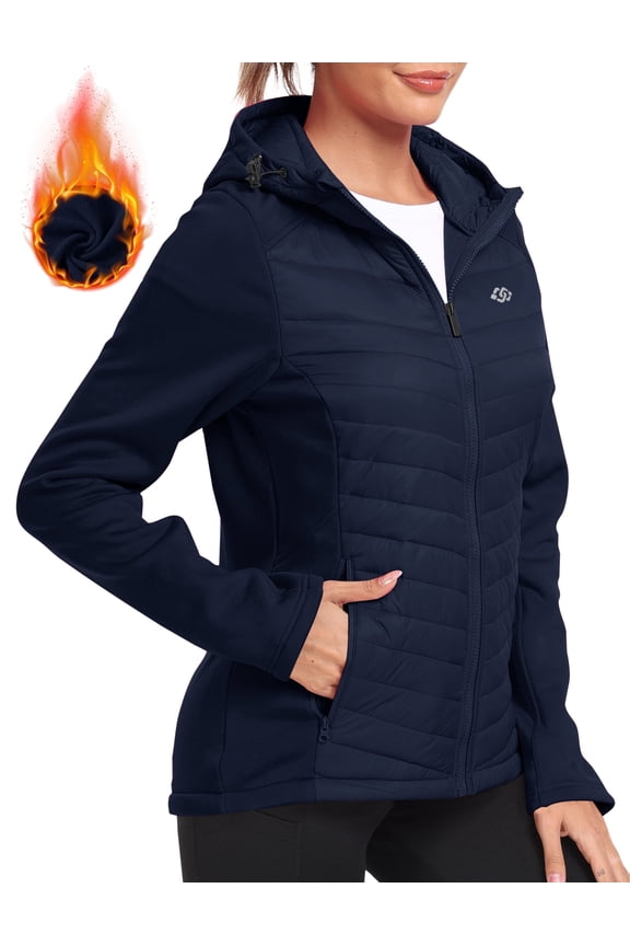 Women's Fleece-Lined Thermal Hooded Puffer Jacket, Full Zip Lightweight Hybrid Softshell Winter Coat