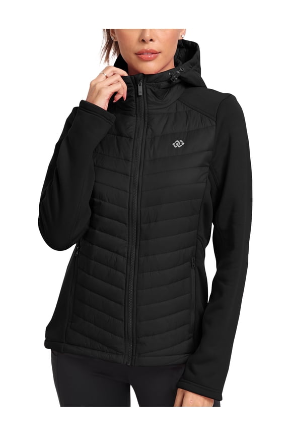 Women's Fleece-Lined Thermal Hooded Puffer Jacket, Full Zip Lightweight Hybrid Softshell Winter Coat