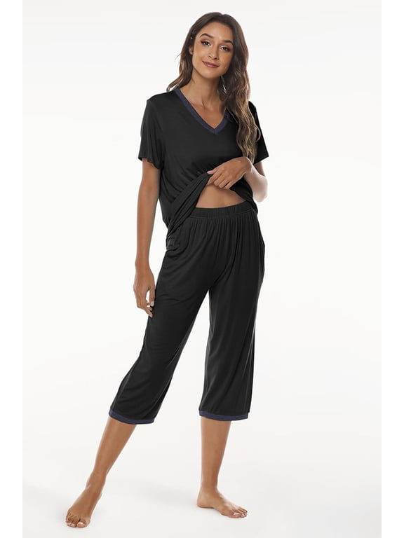 Women's Solid Bamboo Pajamas Set Short Sleeve V-Neck Top and Capri Pants with Pockets Loungewear 2-Piece for Women