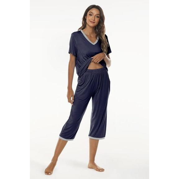 MoFiz Women's Solid Bamboo Pajamas Set Short Sleeve V-Neck Top and Capri Pants with Pockets Loungewear 2-Piece for Women
