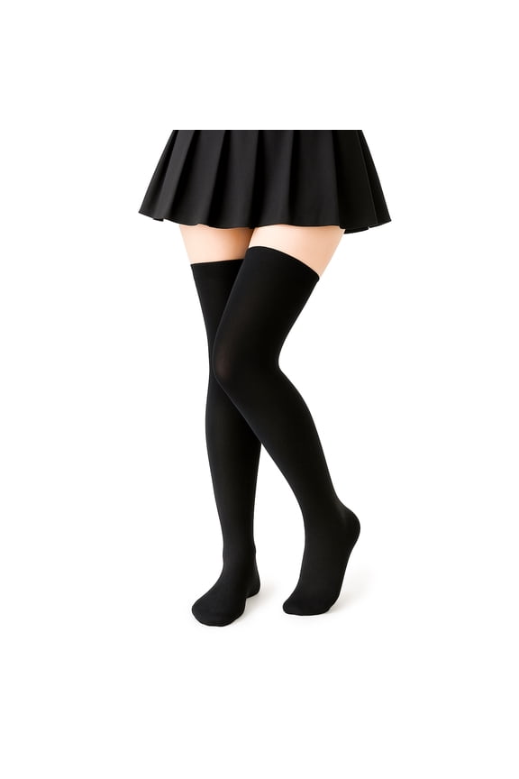 Thigh High Socks, 2 Pairs Soft & Breathable Cotton Black Stockings, Snug & Stretchy Over the Knee High Socks with Seamless Toe and Tight Top, Extra Long