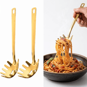 MoHern 2pcs Gold Stainless Steel Pasta Fork Spoons, Heavy Duty Spaghetti Server with Long Handle, Kitchen Cooking Utensils for Noodles, Pasta and Serving
