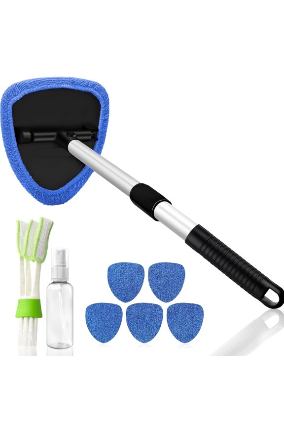 Windshield Cleaner Tool with 180 Rotating Head, Car Window Cleaner Tool with Extendable Handle and 6 Reusable Microfiber Covers, Car Windshield Cleaning Brush for Effortless and Efficient Cleaning