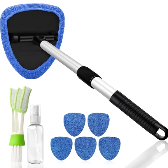 Windshield Cleaner Tool with 180° Rotating Head, Car Window Cleaner Tool with Extendable Handle and 6 Reusable Microfiber Covers, Car Windshield Cleaning Brush for Effortless and Efficient Cleaning