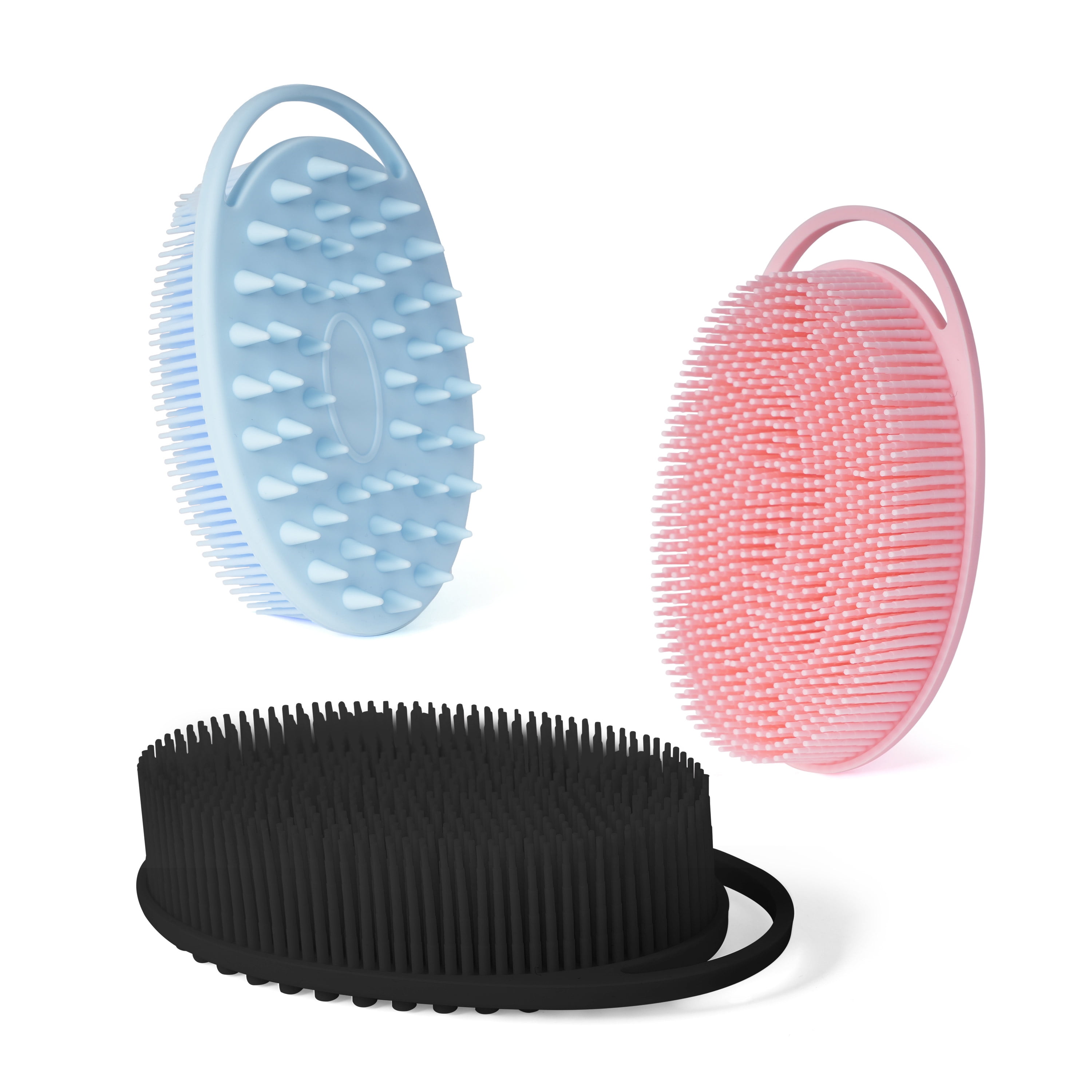 MoHern Exfoliating Body Brush, Silicone Body Scrubber for Use in Shower,Scalp Massager/Brush, Easy to Clean(Pink, Blue and Black)