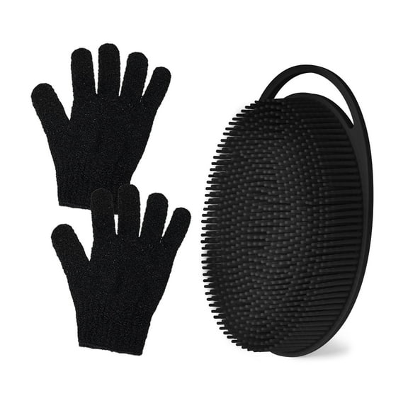 MoHern Exfoliating Body Brush, Silicone Body Scrubber with 2PCS Exfoliating Gloves for Use in Shower,Scalp Massager/Brush, Easy to Clean(Black)