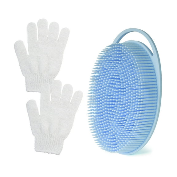 MoHern Exfoliating Body Brush, Silicone Body Scrubber with 2PCS Exfoliating Gloves for Use in Shower,Scalp Massager/Brush, Easy to Clean(Blue)