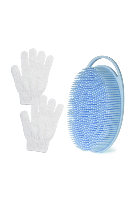 Exfoliating Body Brush, Silicone Body Scrubber with 2PCS Exfoliating Gloves for Use in Shower,Scalp Massager/Brush, Easy to Clean(Blue)