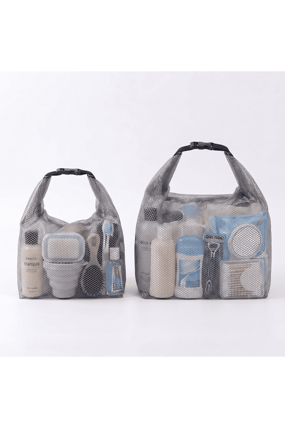 Grey Waterproof Mesh Drawstring Bags, 2 Sizes (Small & Large), Multipurpose Gym Shower Organizer, Breathable Swim Beach Toiletry Pouch for Men Women Outdoor Travel