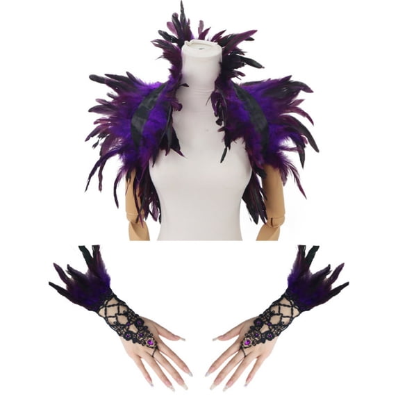 MoJoGo Mardi Gras Set for Women Carnival Feather Wings Shawl Lace Glove Theme Decor Set for Parties and Masquerade Purple Free Size