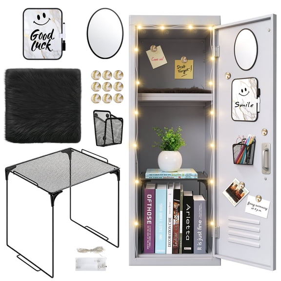 MoKo 16 Pcs Locker Accessories Set, Locker Decor Kit with Metal Frame, Magnetic Dry Erase Board, Mirror, Magnetic Push Pins, Plush Rug, LED Strip Light, Pen Holder, for School, Office & Work, Black