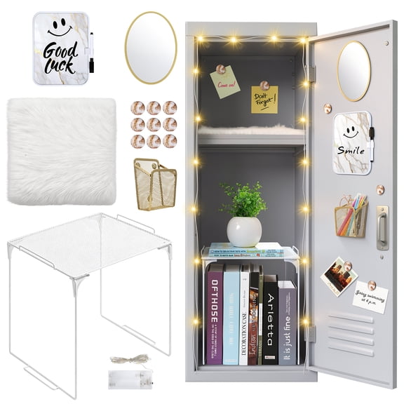 MoKo 16 Pcs Locker Accessories Set, Locker Decor Kit with Metal Frame, Magnetic Dry Erase Board, Mirror, Magnetic Push Pins, Plush Rug, LED Strip Light, Pen Holder, for School, Office & Work, White