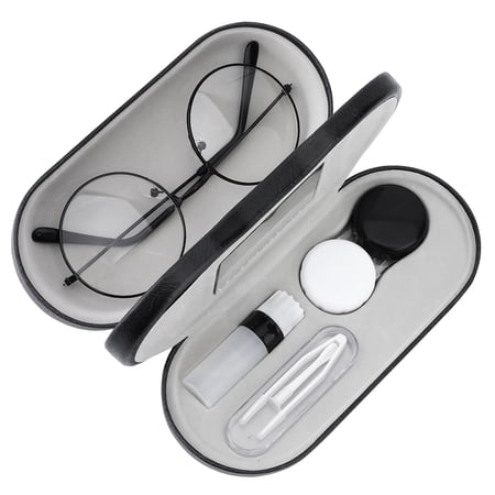 MoKo 2 in 1 Double Eyeglass Case, Contact Lens Case with Mirror Tweezers Remover, Double Sided Portable Contact Lens Box Holder Container Soak Storage Kit Sunglasses Pouch for Men Women, Black