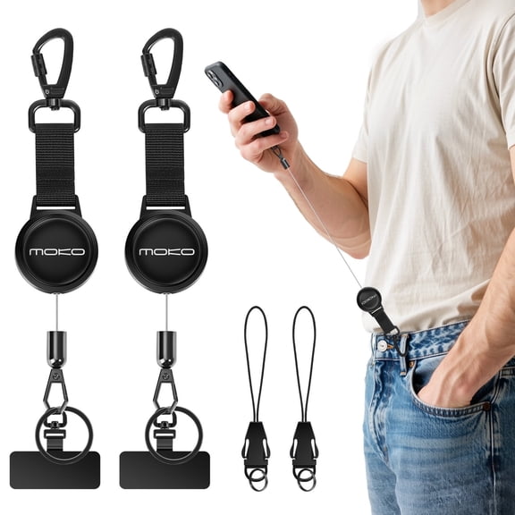 MoKo 2 Pack Anti-theft Phone Tether Lanyard, Retractable Phone Strap Steel Line Cellphone Lanyard with Locking Carabiner and Metal 360° Tether Tab for iPhone Samsung Most Smartphones, Black