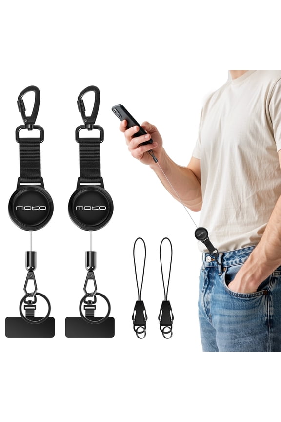2 Pack Anti-theft Phone Tether Lanyard, Retractable Phone Strap Steel Line Cellphone Lanyard with Locking Carabiner and Metal 360° Tether Tab for iPhone Samsung Most Smartphones, Black