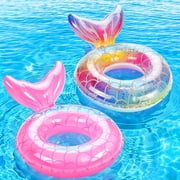 MoKo 2 Pack Mermaid Tail Pool Float, Inflatable Swimming Ring Floaties Tubes, Rainbow & Pink