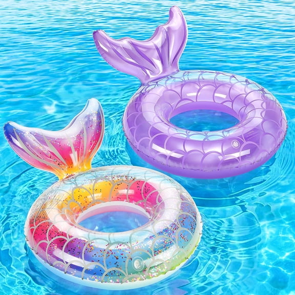 MoKo 2 Pack Mermaid Tail Pool Float, Inflatable Swimming Ring Floaties Tubes, Rainbow & Purple