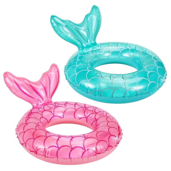 MoKo 2 Pack Mermaid Tail Pool Float, Inflatable Swimming Ring Floaties Tubes, Rose Gold & Blue