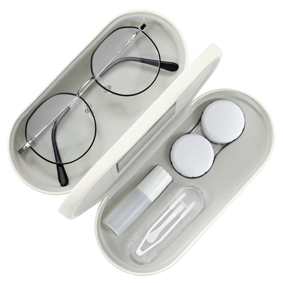 MoKo 2 in 1 Double Eyeglass Case, Contact Lens Case with Mirror Tweezers Remover, Portable PU Contact Lens Box Soak Storage Container Kit,Beige