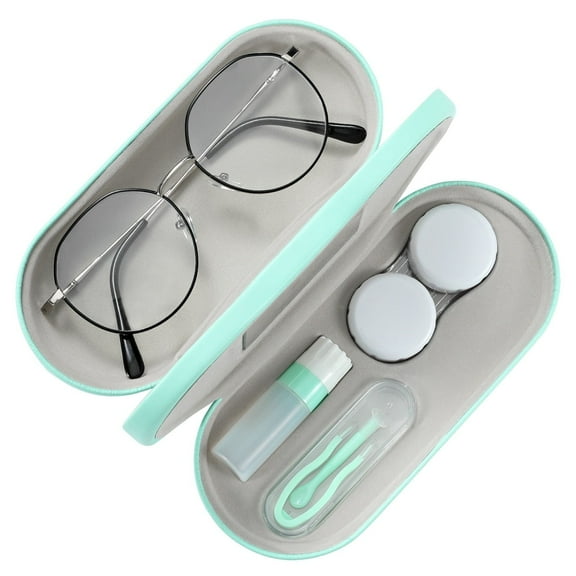 MoKo 2 in 1 Double Eyeglass Case, Contact Lens Case with Mirror Tweezers Remover, Portable PU Contact Lens Box Soak Storage Container Kit, Green