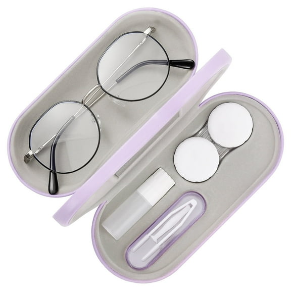 MoKo 2 in 1 Double Eyeglass Case, Contact Lens Case with Mirror Tweezers Remover, Portable PU Contact Lens Box Soak Storage Container Kit, Lilac