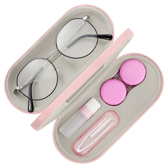 MoKo 2 in 1 Double Eyeglass Case, Contact Lens Case with Mirror Tweezers Remover, Portable PU Contact Lens Box Soak Storage Container Kit, Pink