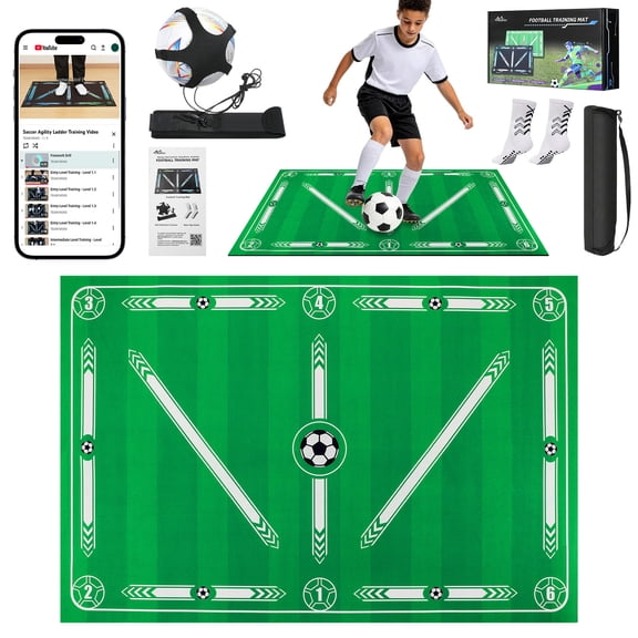 MoKo 35"x24" Soccer Training Mat with Video, Soccer Training Equipment Improve Strength, Agility and Coordination, Non-Slip Socks, Storage Bag, Portable Silent Footwork Mat Gift for Players, Green