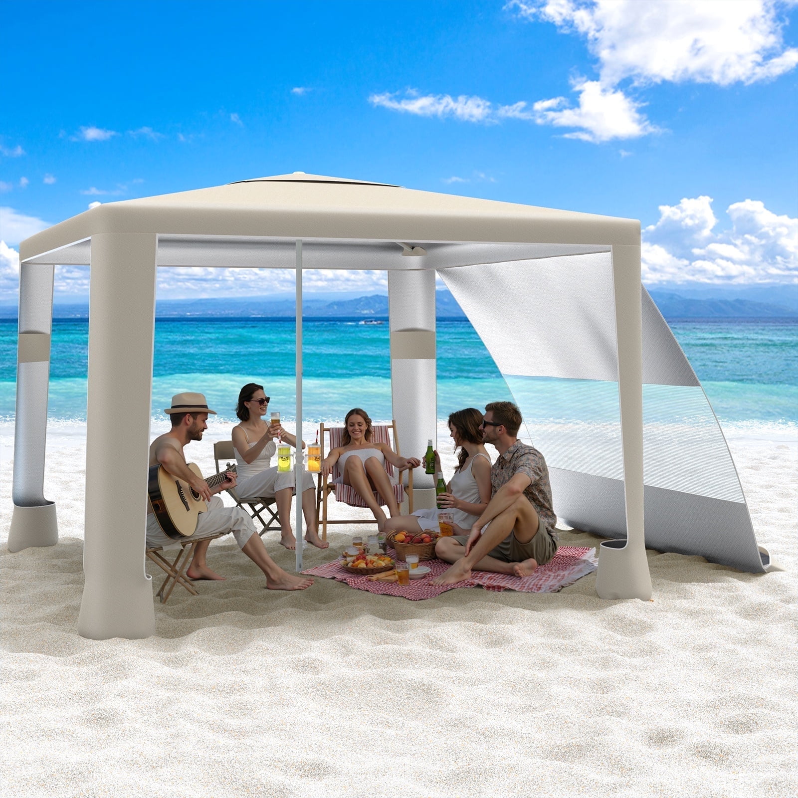 MoKo 8'x 8' Beach Cabana Tent, UPF 50+ Portable Beach Canopy Shelter with 4 Sand Pockets, Khaki