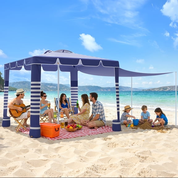 MoKo Beach Cabana,120 Sq. ft. Large Beach Canopy Tent Sun Shade, UPF 50+ Protection Easy Setup Beach Tent, Adjustable Height Wind Resistant Cabana Sun Shelter for Whole Family, Navy Stripes