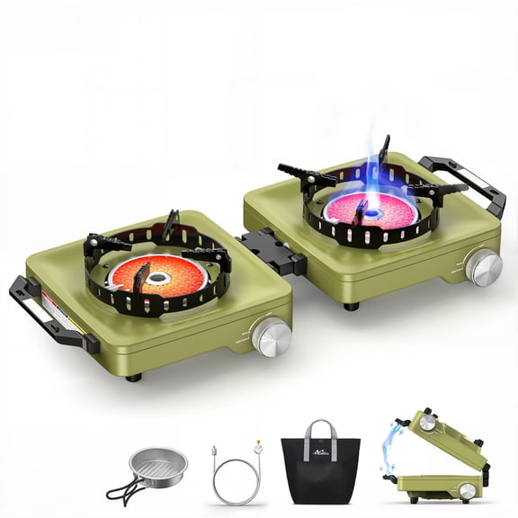 MoKo Camping Stove 2 Burners, 36000BTU Camp Stove with Windproof Grates, Portable Folding Camping Gas Stoves Include Frying Pan & Carry Bag for Camp out, Cooking Outdoor, Tailgating, Green