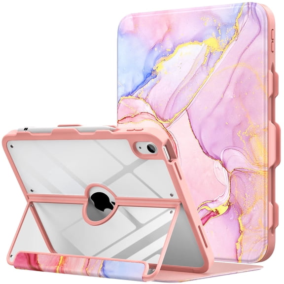 MoKo Case for iPad 11-inch (A16) 11th Generation Case 2025/ iPad 10th Generation Case with Pencil Holder 2022 10.9", Built-in Screen Protector Clear Back, Multi Angle Viewing Stand,Pink Gold Marble
