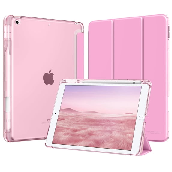 MoKo Case for iPad 9th/8th/7th Generation Case 10.2-Inch 2021/2020/2019 with Pencil Holder, Slim Light Trifold Protective Cover for iPad 10.2 with Hard PC Translucent Back Shell, Pink