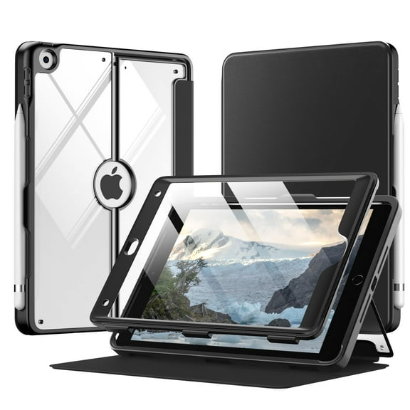 MoKo Case for iPad 9th Generation with Pencil Holder, iPad 8th/7th Gen Case 10.2-inch, Built-in Screen Protector Clear Back, Stain Resistant Multi Angle Viewing Stand, Auto Wake/Sleep, Black
