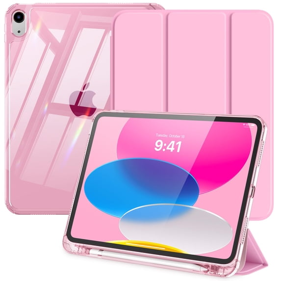 MoKo Case for iPad (A16) 11th Generation Case 11-inch 2025,iPad 10th Generation Case 2022 with Left Pencil Holder,Slim Cover with Crystal Clear TPU Back Shell,Flowers Pink