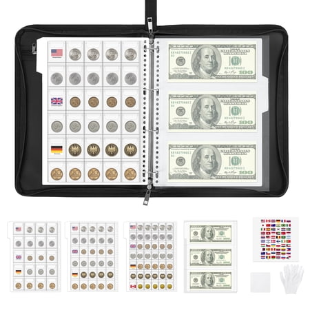 MoKo Coin Collection Book Holder with 356 Pockets Coins Album & 36 Sleeves Currency Storage Binder for Coin Bill Penny Quarter Stamp, Black