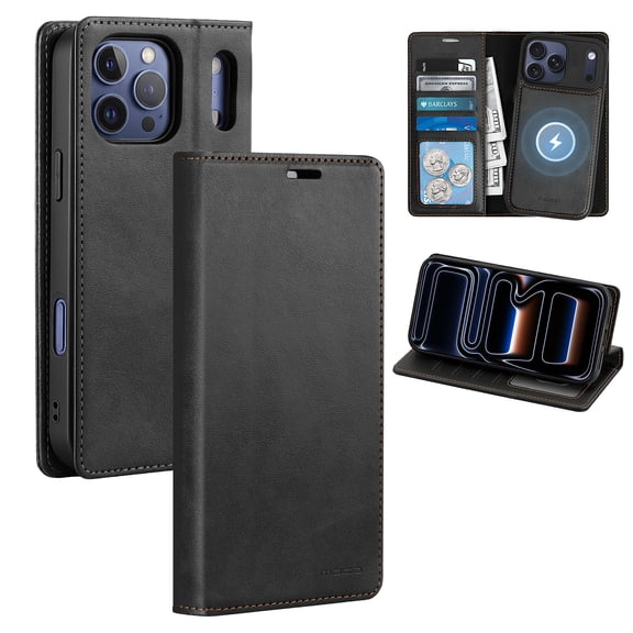 MoKo Detachable Wallet Case for iPhone 17 Pro Max, Magnetic 2 in 1 Phone Cover with 4 RFID Blocking Card Slots, PU Leather All-Round Protective Phone Case Wallet, Black