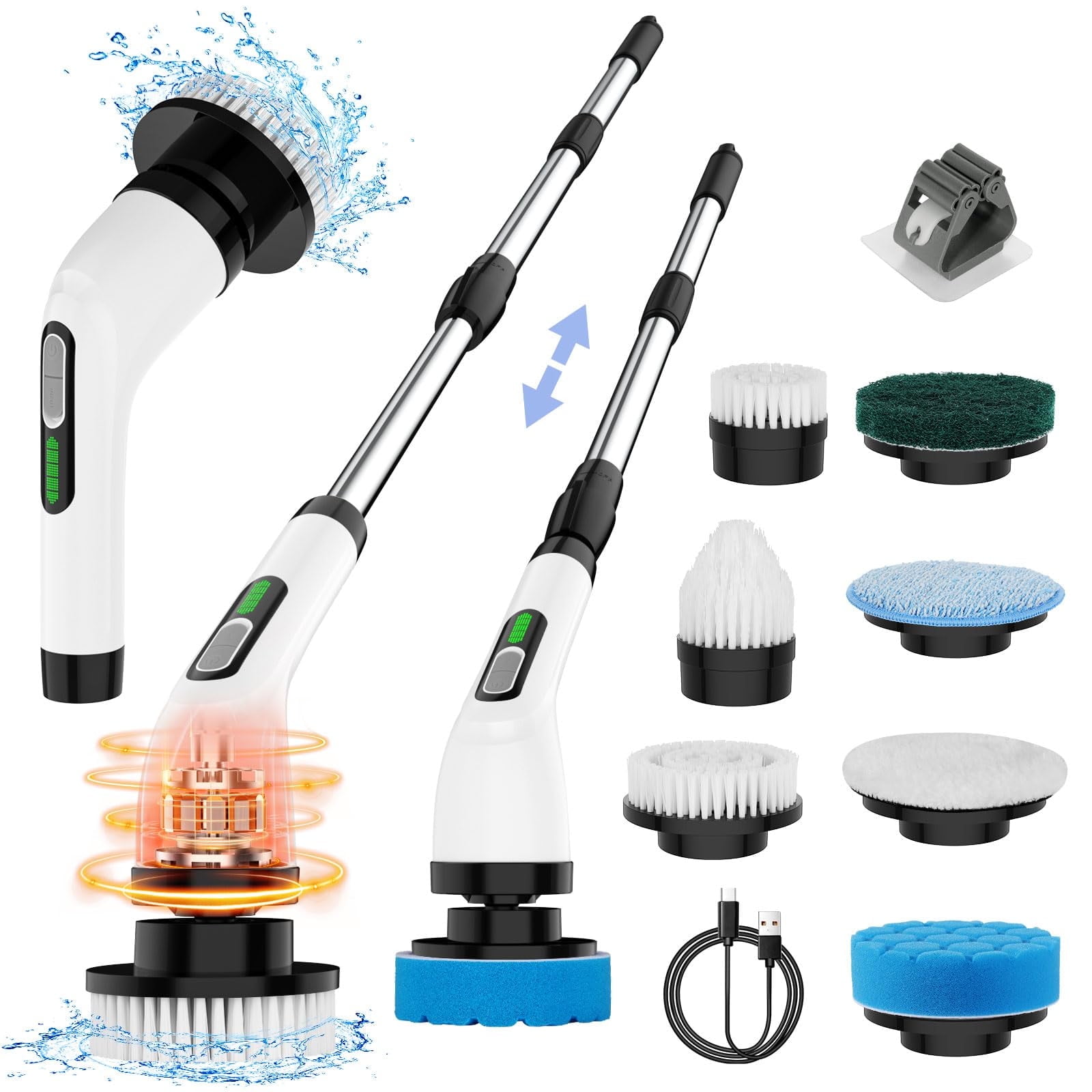 Cordless Electric Spin Scrubber with Adjustable Handle and 7 Heads