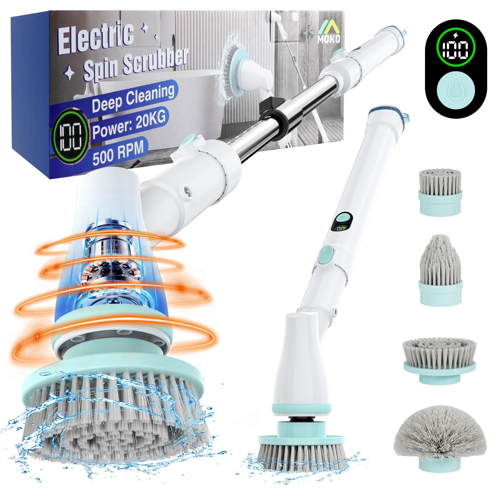 MoKo Electric Spin Scrubber, Cordless Cleaning Brush up to 490 RPM with Power Display, 9 Replaceable Brush Heads,Adjustable Extension Handle, Electric Scrubber for Cleaning Shower Bathroom Tub Tile
