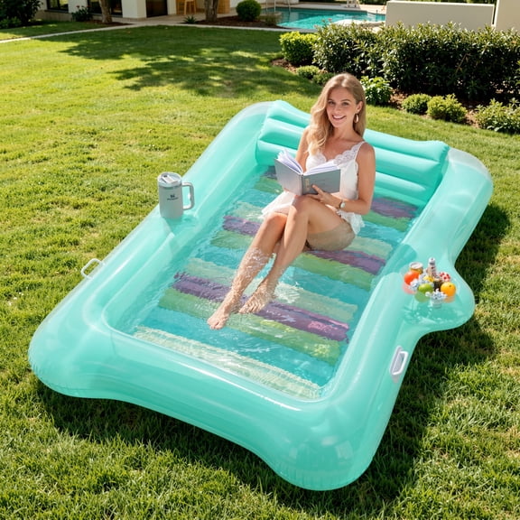 MoKo Inflatable Tanning Pool Lounger Float Adults, Large Pool Floaties Rafts for Adults with Headrest Drink Holder Sun Tanning Floats for Swimming Pool Lake River Beach Blow Up Floats, Mint Green