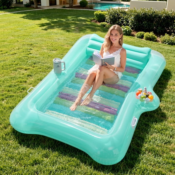 MoKo Inflatable Tanning Pool Lounger Float Adults, Large Pool Floaties Rafts for Adults with Headrest Drink Holder Sun Tanning Floats for Swimming Pool Lake River Beach Blow Up Floats, Mint Green