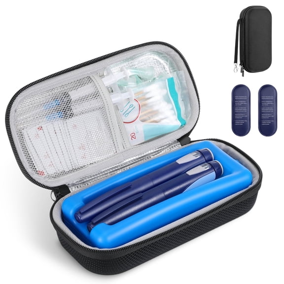 MoKo Insulin Cooler Travel Case, EVA Hard Insulated Diabetes Cooler Carrying Bag with 2 x Ice Packs & Ice Brick (Hold 2 Pens) for Supplies Keep Medicine Cool, Black