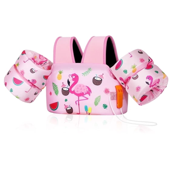 MoKo Kids Floaties Swim Vest for 22-66 lbs with Whistle, Swimming Training Equipmen with Three Security Buckle for 3-10 Years Old, Pink Flamingo