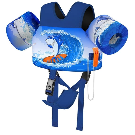 MoKo Kids Floaties for 13-30lbs/30-70lbs, Water Wing Swimming Training Equipment with Crotch Strap and Whistle, Blue Surf Shark