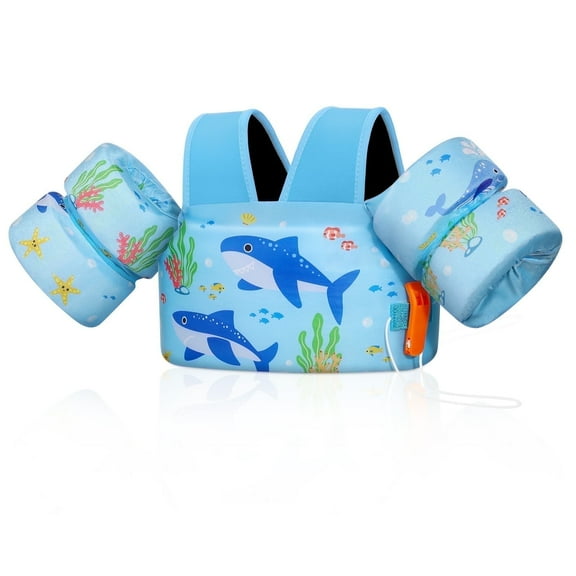 MoKo Kids Floaties for 25-66 Lbs with Whistle, Swim Trainer Vests with Triple Security Buckle for 3-8 Years Old Children, Blue Shark