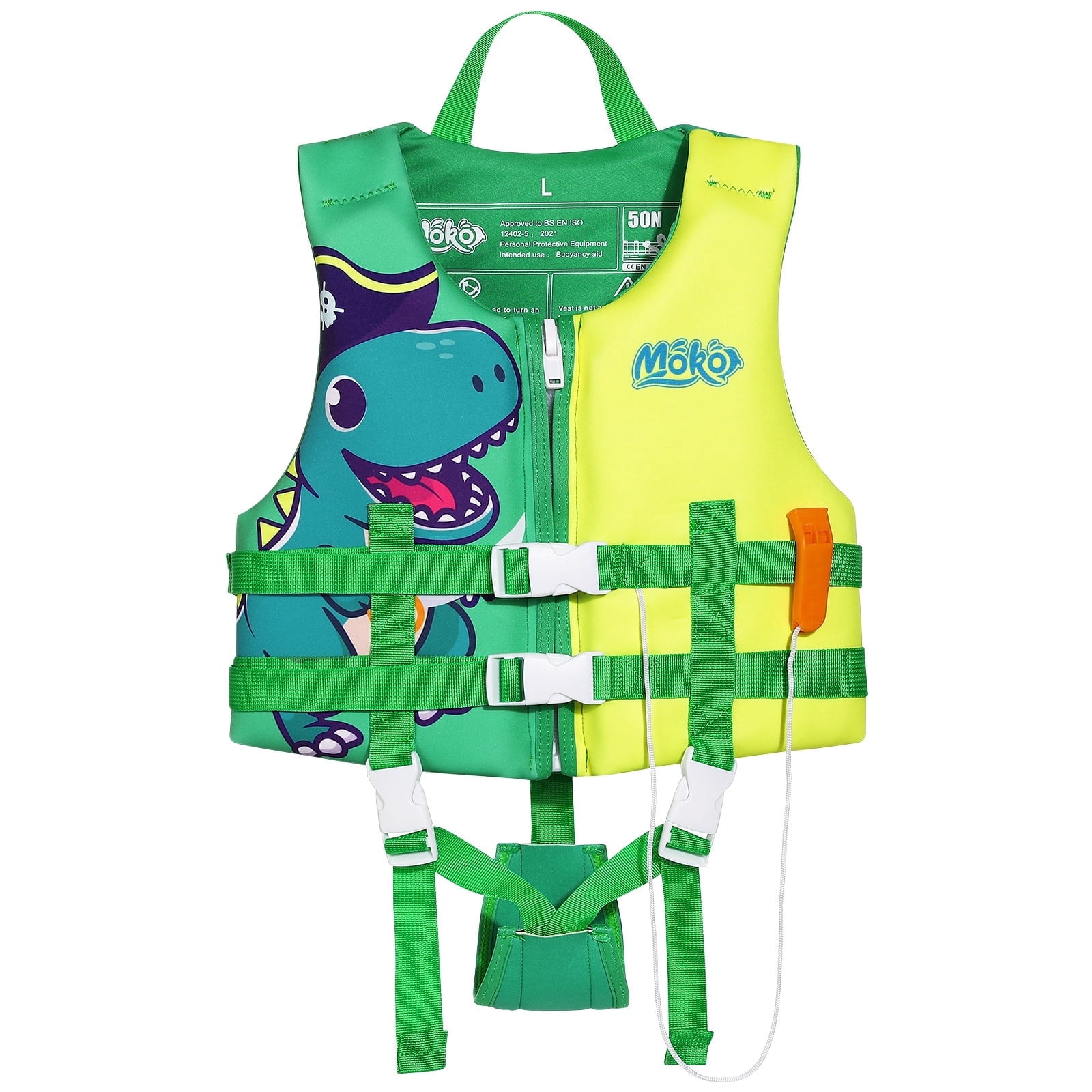 MoKo Kids Swim Vest for Boys Girls, Swimming Training Float Jacket Swimsuit for 46-77 lbs, L Size, Green Dinosaur