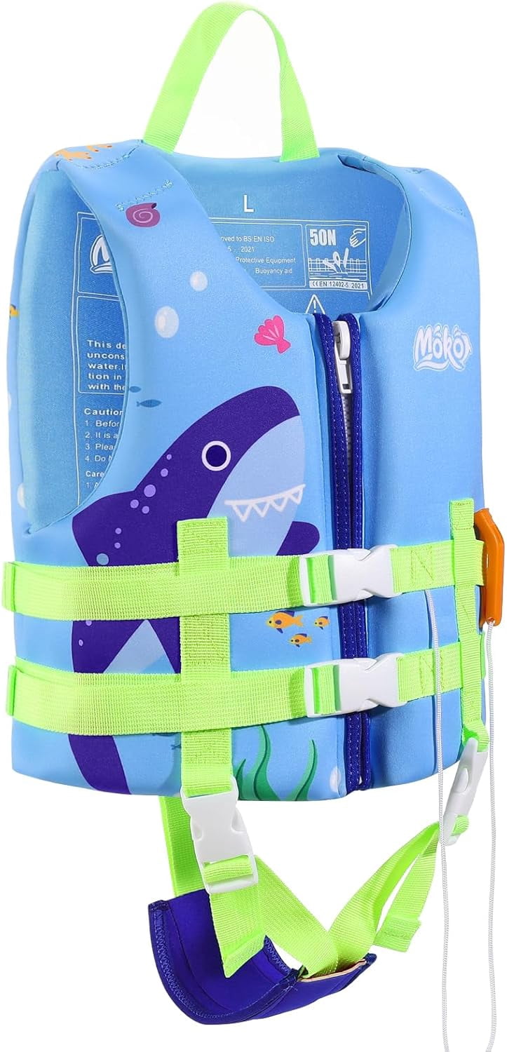 MoKo Kids Swim Vest for Boys Girls, Swimming Training Life Float Jacket Swimsuit for 46-77 lbs, L Size,Blue Shark