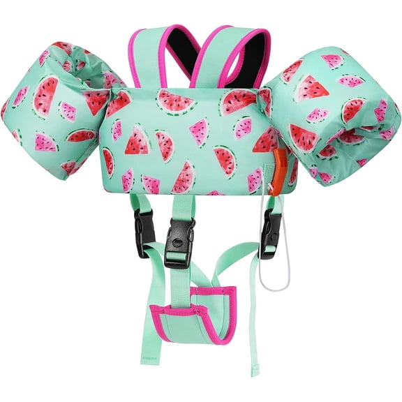 MoKo Kids Swimm Vest for 20-50lbs / 2-8 Years, Toddler Floaties with Crotch Strap and Whistle, Mint Green Watermelon