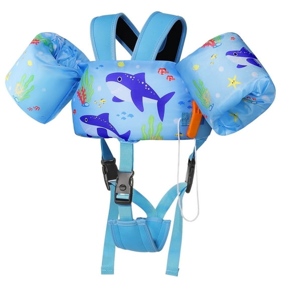 MoKo Kids Swimm Vest for 20-50lbs, Toddler Floaties with Crotch Strap and Whistle, Blue Shark
