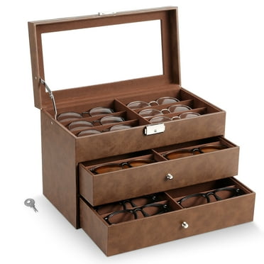 MoKo Leather Sunglasses Holder Organizer, Eyeglasses Jewelry Watch Display Collection Case Box with 18 Slots, Brown